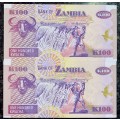 ZAMBIA 100 KWACHA IN SEQUENCE G/5 6725070-069 UNC 1992(1 BID TAKES ALL)
