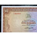 RHODESIA LOW NUMBER REPLACEMENT 5 DOLLARS 1978 -- Y/1 -004366 UNC WTM ZIM BIRD