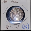 PERU SILVER 1/5 SOL 1911 FG GOOD CONDITION IN COIN FLIP