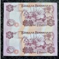 BOTSWANA 5 PULA CLOSE IN SEQUENCE C47 /488970 & 488941 UNC 1992(1 BID TAKES ALL)