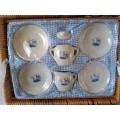 Vintage child`s porcelain tea set duck design in wicker picnic basket