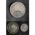 3 Silver Coins: Kruger ZAR 3 pence 1897, Q V `Jubilee Head` 1887, D Reich 1 Mark 1906