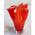 Hand Blown Orange and White Murano 1960's Fazzoletto Vase - VGC - (1)