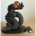 Highly Detailed Bronze Dragon with Hand Blown Glass Golden Orb on Wooden Plinth