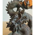 Highly Detailed Bronze Dragon with Hand Blown Glass Golden Orb on Wooden Plinth