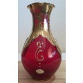 Murano Glass Hand Blown and Painted Large Ruby Red and Gilt Vase with Scallops - Marked