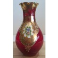 Murano Glass Hand Blown and Painted Large Ruby Red and Gilt Vase with Scallops - Marked