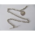 Antique Sterling Silver Fob Chain with T-Bar and Medal