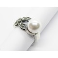 Lovely Faux Pearl Ring With Marcasite`s in Sterling Silver