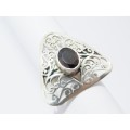 Gorgeous Chunky Filigree Triangle Ring With a Garnet Stone in Sterling Silver