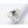 Gorgeous Chunky Filigree Triangle Ring With a Garnet Stone in Sterling Silver