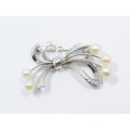 Vintage Ribbon  Design Brooch Set With Akoya Pearls in Sterling Silver