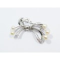 Vintage Ribbon  Design Brooch Set With Akoya Pearls in Sterling Silver
