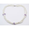 Three Strand Fresh Water Pearl Necklace with Amethyst in Sterling Silver