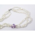 Three Strand Fresh Water Pearl Necklace with Amethyst in Sterling Silver