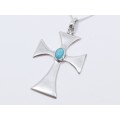 A Lovely Maltese Cross With a Turquois Stone On Chain in Sterling Silver.