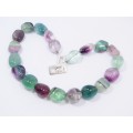 Gorgeous Chunky Rainbow Fluorite Crystal  Necklace With a Modernist Design Clasp in Sterling Silver