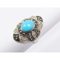 A Stunning Blue Stone Marcasite Ring in Sterling Silver