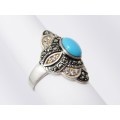 A Stunning Blue Stone Marcasite Ring in Sterling Silver