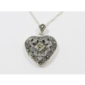A Gorgeous Vintage Design Marcasite Heart Locket on Chain in Sterling Silver.