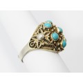 A Stunning Gold Gilt over Sterling Silver Vintage Design Ring With Turquois Stones with a Open Ende