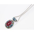 A Gorgeous Huge Red Stone Pendant With Enamel inlay on Chain in Sterling Silver.