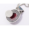 A Gorgeous Huge Red Stone Pendant With Enamel inlay on Chain in Sterling Silver.