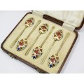 Vintage (c1956) English Hallmarked Silver & Enameled Tea Spoons, Boxed