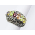 A Gorgeous Multi Color Zirconia And Marcasite Ring in Sterling Silver R1750