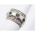 A Lovely Chunky Amethyst and Clear Crystal Heart Design Ring in Sterling Silve