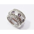 A Lovely Chunky Amethyst and Clear Crystal Heart Design Ring in Sterling Silve