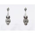 A Lovely Pair of Owl Marcasite Dangling  Earrings in Sterling Silver.