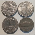 4x USA coins 3x Quarters 2008, 2009, 1966 & 1x Nickel 1942 (silver P mintage mark)