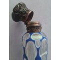 Victorian Blue Over White Over Crystal Cut Glass Perfume Bottle with Brass Top