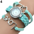 Girl's Knitting Faux Leather Band Love Heart Charm Rhinestone Bracelet Watch