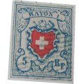 1 x blue white and red 5 rappen stamp from Switzerland (as shown)