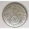 1938 | 5 Reichsmark | Paul von Hindenburg | Germany | 29 mm Silver (.900) Coin