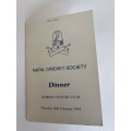Cricket Menu - Natal Cricket Society 18/02/1993 **SIGNED**