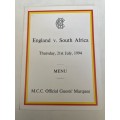 Cricket Menu - England vs South-Africa 21/07/1994