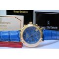 R1 AUCTlON RRP: R13,500 Krug Baumen WOMEN Principle CHRONO Gold 8X REAL Diamond Blue Leather Watch
