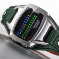 **New** DETOMASO Tecpunk Mens Watch Binary-Look LEDs Stainless Steel Green Leather Watch