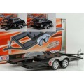 Car Trailer, dbl-axle, black + silver 1/18 Motormax, NEW+boxed  #8993 instant wheels