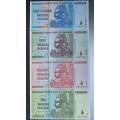 ZIMBABWE TRILLION DOLLAR UNC NOTES SET - $10, $20, $50 and $100 Trillion notes.