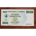 Zimbabwe $500,000 Bearer Cheque - Issued 2007 - Governor Dr G. Gono. Note in excellent condition