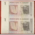 Zimbabwe, Harare 2007 - Two $1 Bank Notes in Sequence And Uncirculated