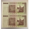 $200 Million Dollars Zimbabwe Bank Notes, 2008 Harare. Two UNC AA Series notes In Sequence