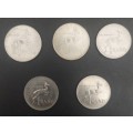 5 x 1 Rand coins , 1966,1967,1977,1979,1980