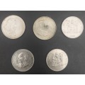 5 x 1 Rand coins , 1966,1967,1977,1979,1980