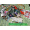 Various sewing/knitting accessories. Needles, thread, press-studs, hooks, tapestry hoops, crochet ho