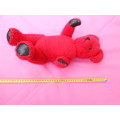 Red `Reindeer` label teddy bear.  Made in South Africa. 400mm high. Hole in right paw and foot.